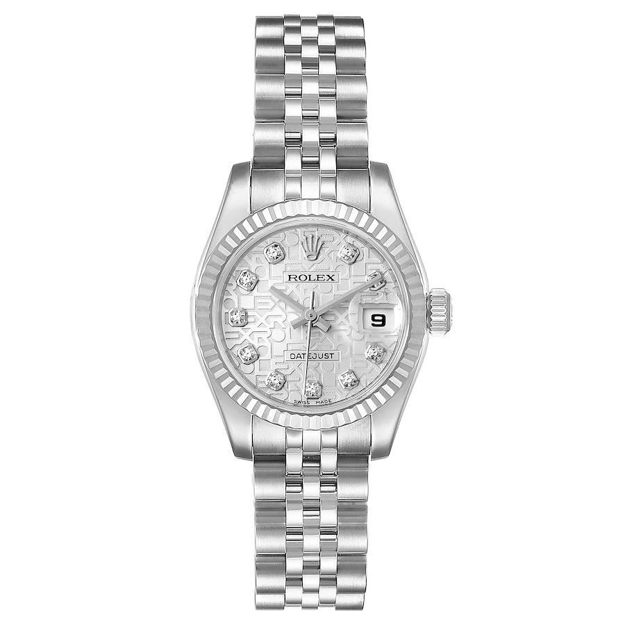Rolex Datejust Steel White Gold Diamond Ladies Watch 179174 Box Papers. Officially certified chronometer self-winding movement. Stainless steel oyster case 26.0 mm in diameter. Rolex logo on a crown. 18K white gold fluted bezel. Scratch resistant