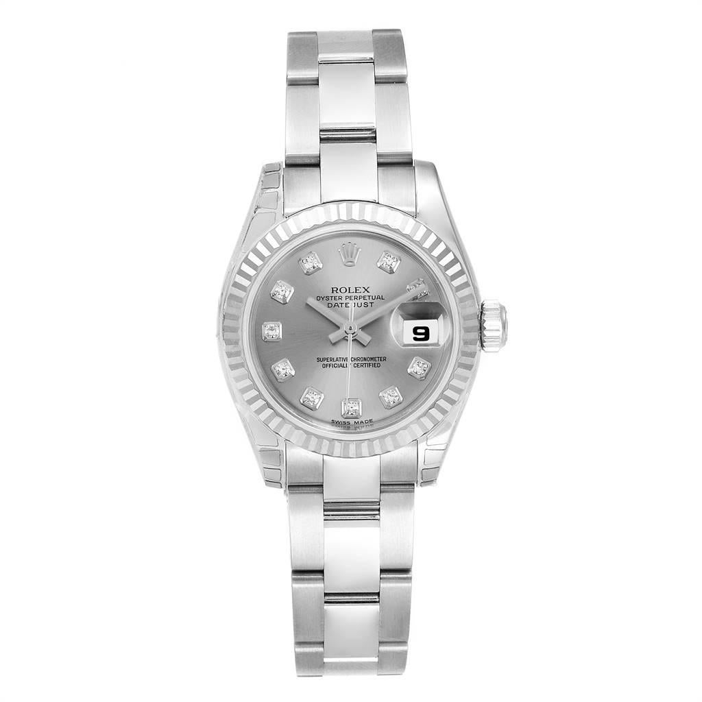 Rolex Datejust Steel White Gold Diamond Ladies Watch 179174 Unworn. Officially certified chronometer self-winding movement with quickset date function. Stainless steel oyster case 26.0 mm in diameter. Rolex logo on a crown. 18K white gold fluted