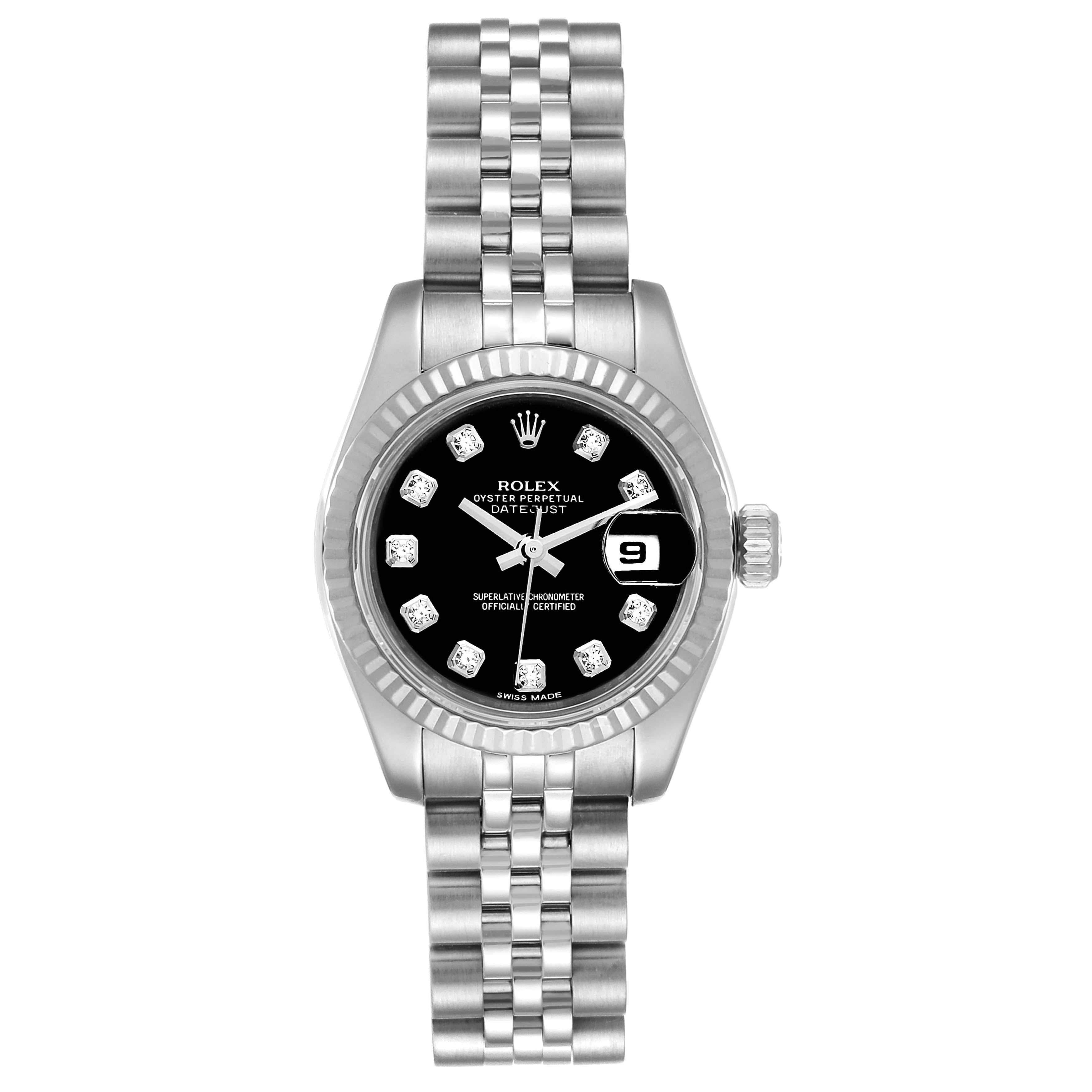 Rolex Datejust Steel White Gold Diamond Ladies Watch 79174 Box Card. Officially certified chronometer self-winding movement. Stainless steel oyster case 26.0 mm in diameter. Rolex logo on a crown. 18k white gold fluted bezel. Scratch resistant