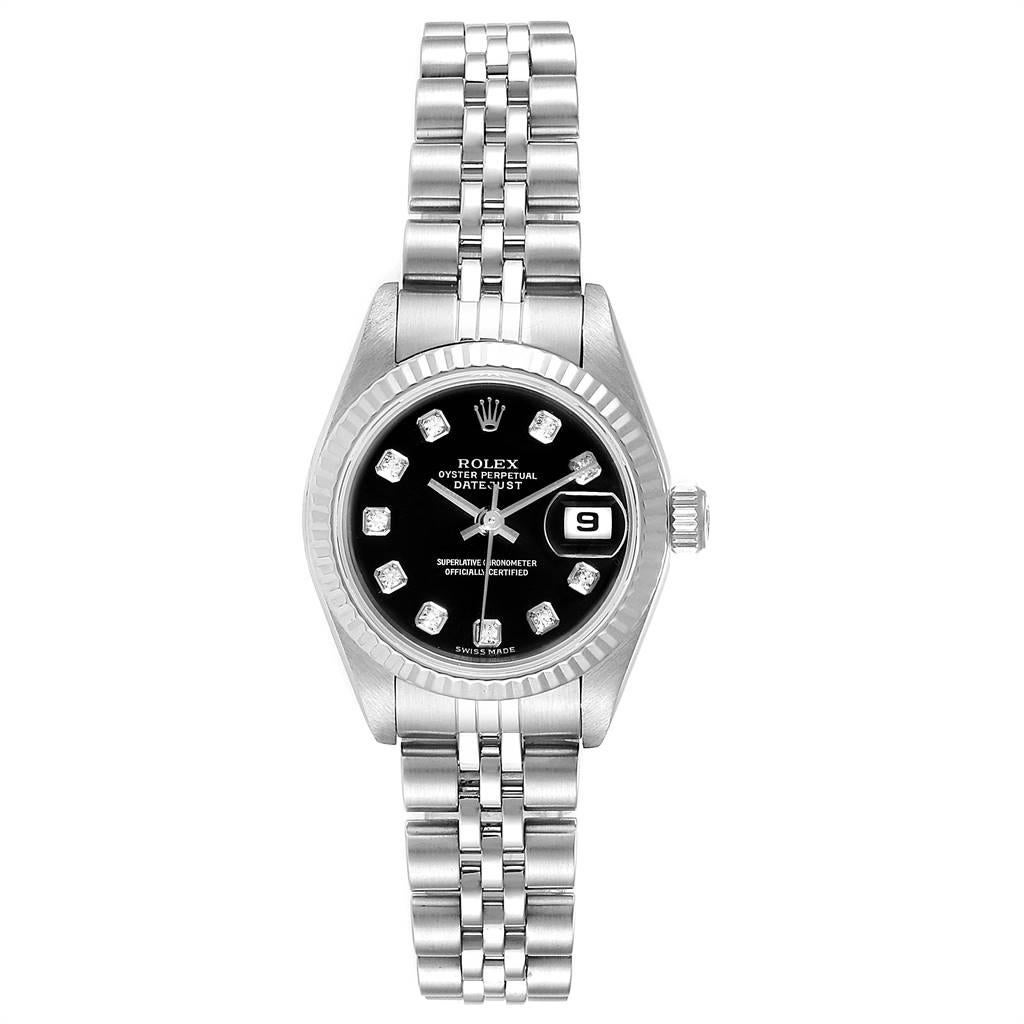 Rolex Datejust Steel White Gold Diamond Ladies Watch 79174 Box Papers. Officially certified chronometer self-winding movement. Stainless steel oyster case 26.0 mm in diameter. Rolex logo on a crown. 18k white gold fluted bezel. Scratch resistant
