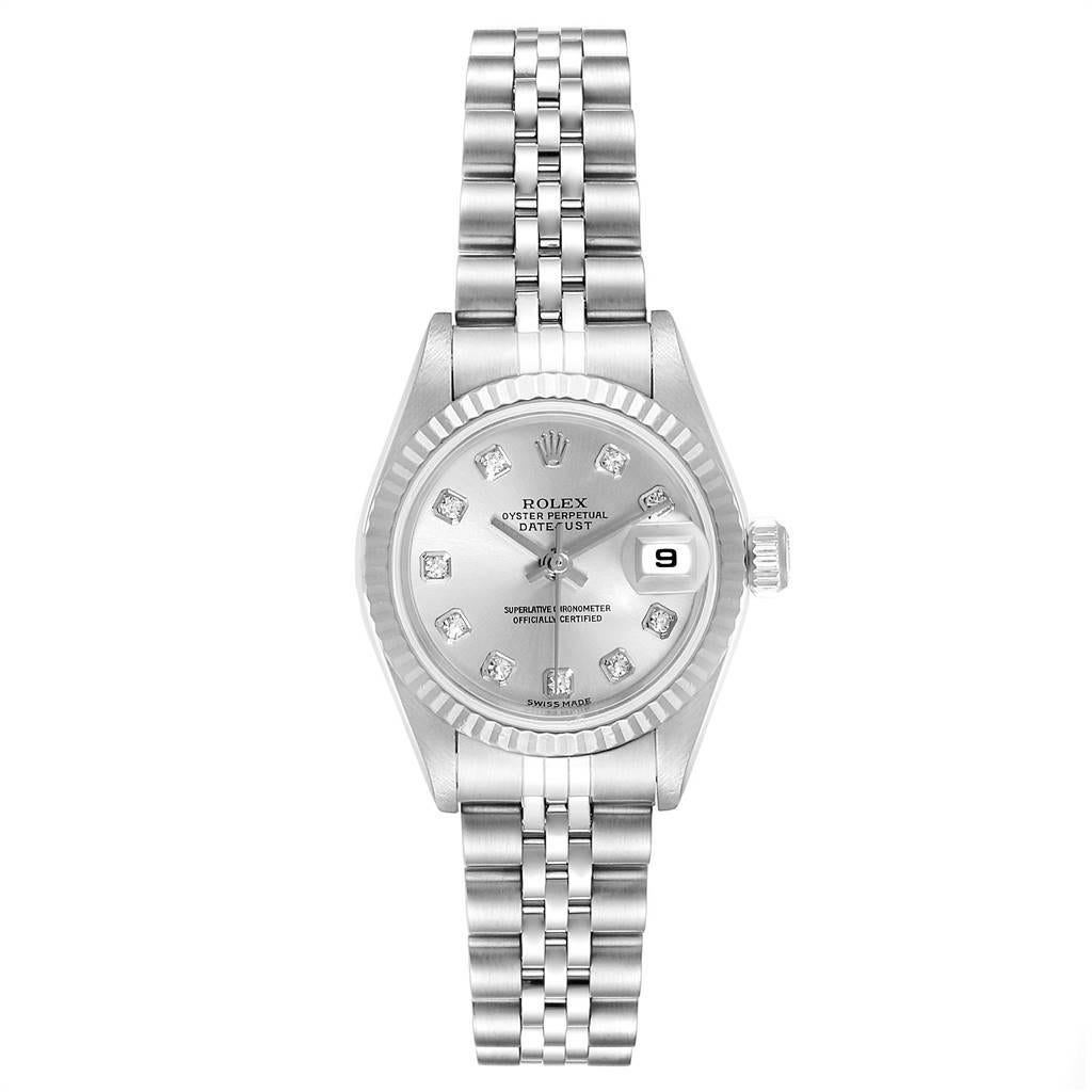 Rolex Datejust Steel White Gold Diamond Ladies Watch 79174 Box Papers. Officially certified chronometer self-winding movement. Stainless steel oyster case 26.0 mm in diameter. Rolex logo on a crown. 18k white gold fluted bezel. Scratch resistant