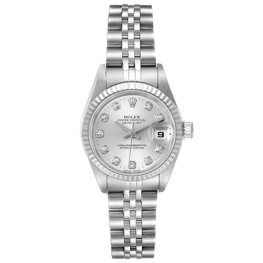 Rolex Datejust Steel White Gold Diamond Ladies Watch 79174. Officially certified chronometer self-winding movement. Stainless steel oyster case 26.0 mm in diameter. Rolex logo on a crown. 18K white gold fluted bezel. Scratch resistant sapphire