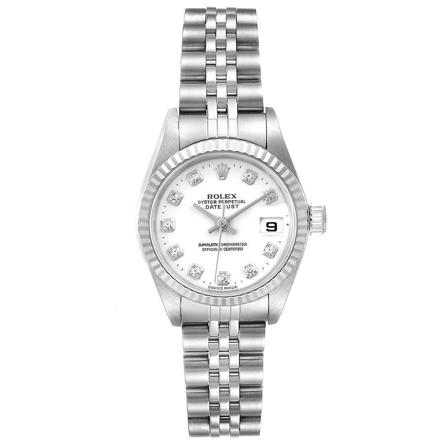 Rolex Datejust Steel White Gold Diamond Ladies Watch 79174. Officially certified chronometer self-winding movement. Stainless steel oyster case 26.0 mm in diameter. Rolex logo on a crown. 18K white gold fluted bezel. Scratch resistant sapphire