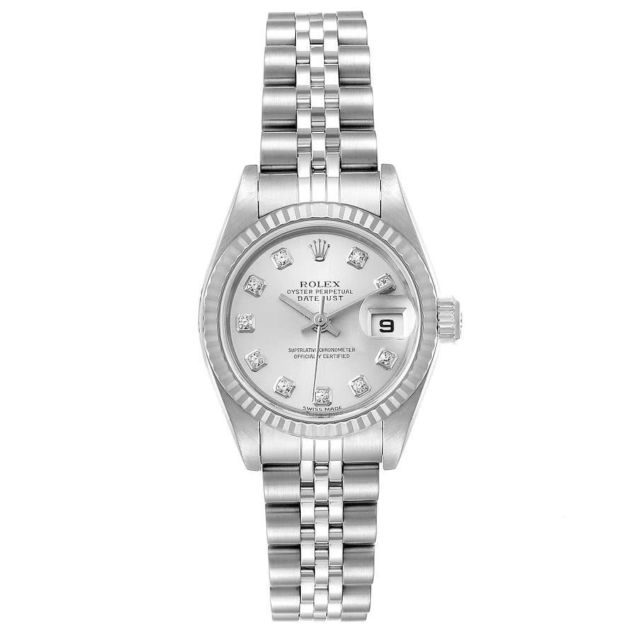 Rolex Datejust Steel White Gold Diamond Ladies Watch 79174 Papers. Officially certified chronometer self-winding movement. Stainless steel oyster case 26.0 mm in diameter. Rolex logo on a crown. 18K white gold fluted bezel. Scratch resistant