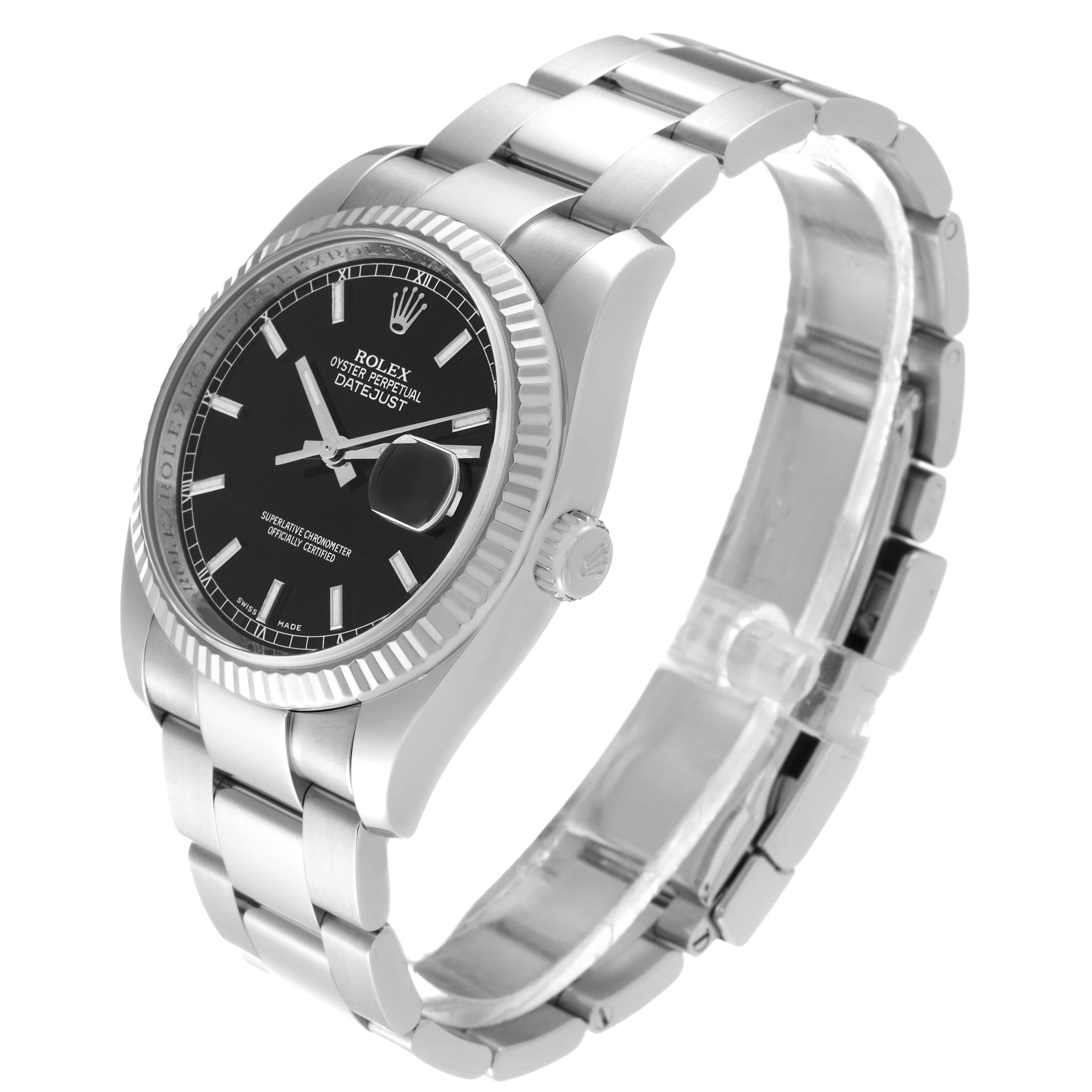 Rolex Datejust Steel White Gold Fluted Bezel Black Dial Mens Watch 116234 In Excellent Condition For Sale In Atlanta, GA