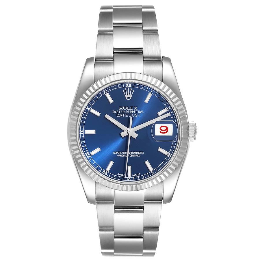 Rolex Datejust Steel White Gold Fluted Bezel Blue Dial Mens Watch 116234. Officially certified chronometer self-winding movement. Stainless steel case 36.0 mm in diameter.  Rolex logo on a crown. 18K white gold fluted bezel. Scratch resistant