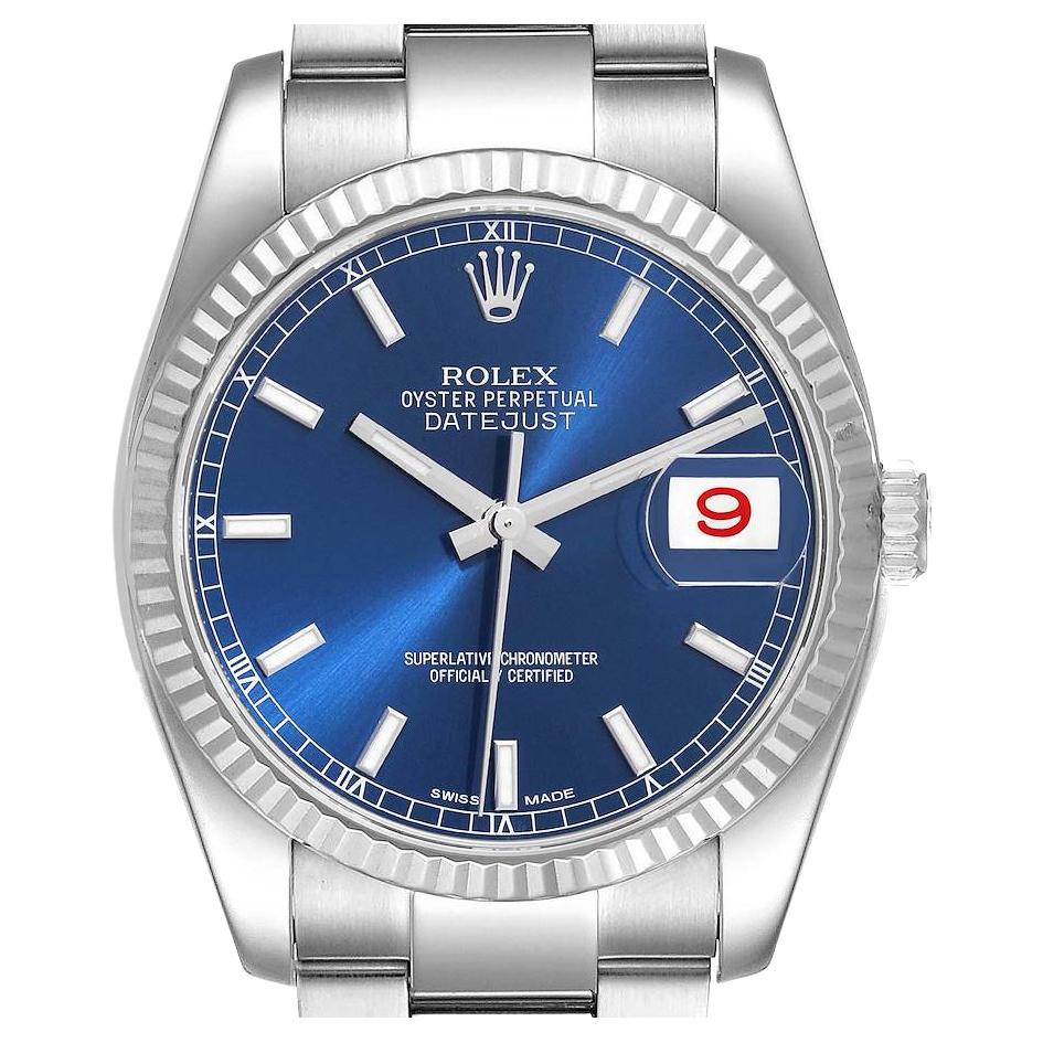 Rolex Datejust Steel White Gold Fluted Bezel Blue Dial Mens Watch 116234