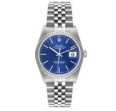Rolex Datejust Steel White Gold Fluted Bezel Blue Dial Mens Watch 16234