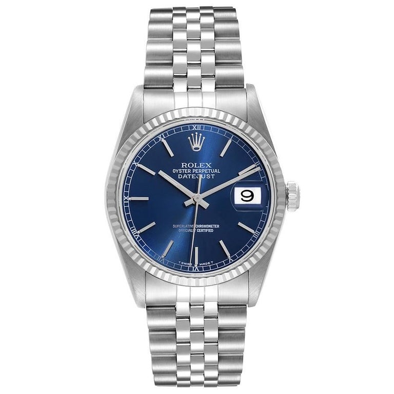 Rolex Datejust Steel White Gold Fluted Bezel Blue Dial Mens Watch 16234