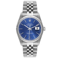 Rolex Datejust Steel White Gold Fluted Bezel Blue Dial Mens Watch 16234