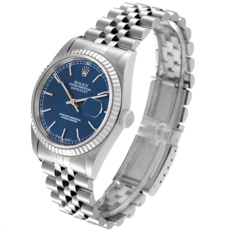 Rolex Datejust Steel White Gold Fluted Bezel Blue Dial Mens Watch 16234