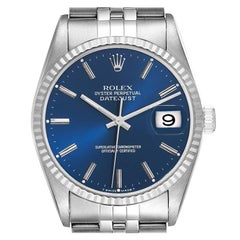 Rolex Datejust Steel White Gold Fluted Bezel Blue Dial Mens Watch 16234
