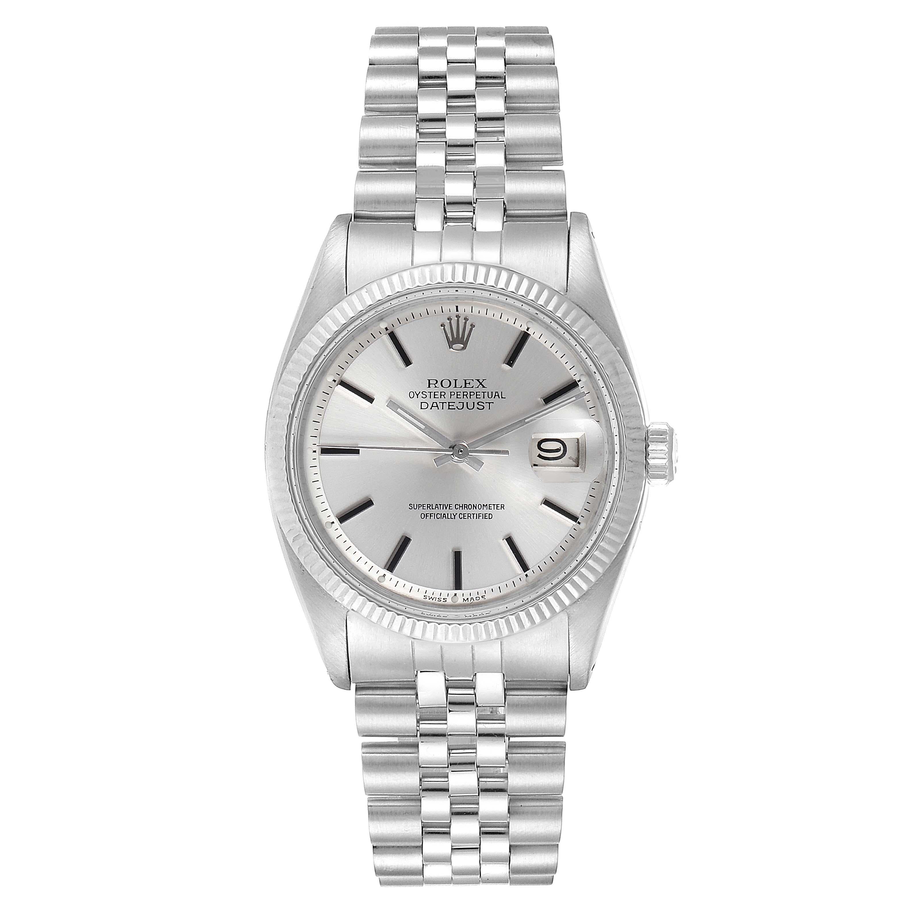 Rolex Datejust Steel White Gold Fluted Bezel Vintage Steel Watch 1601. Officially certified chronometer self-winding movement. Stainless steel oyster case 36 mm in diameter. Rolex logo on a crown. 18k white gold fluted bezel. Acrylic crystal with