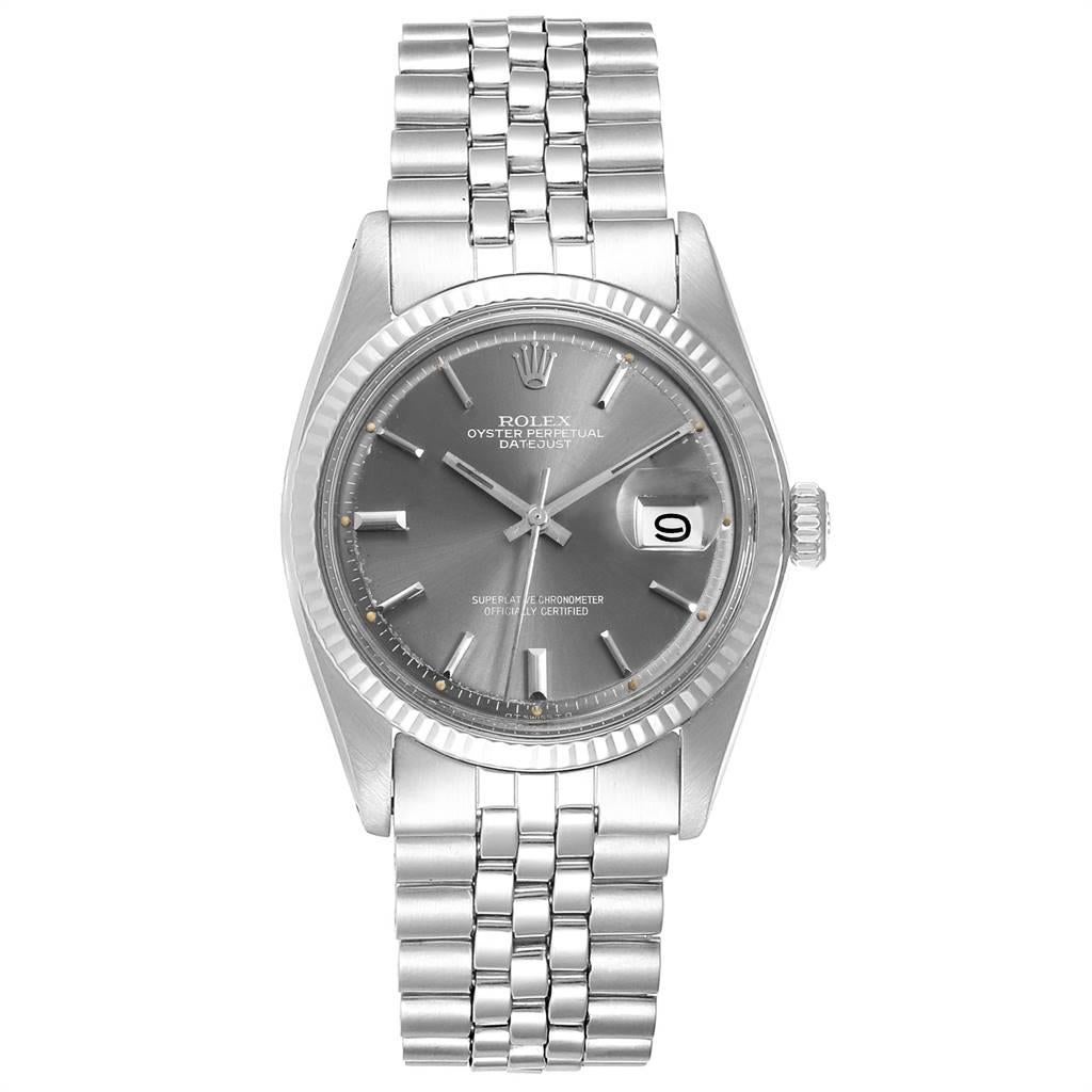 Rolex Datejust Steel White Gold Grey Dial Vintage Mens Watch 1601. Officially certified chronometer automatic self-winding movement. Stainless steel case 36 mm in diameter. Rolex logo on a crown. 18K white gold fluted bezel. Acrylic crystal with