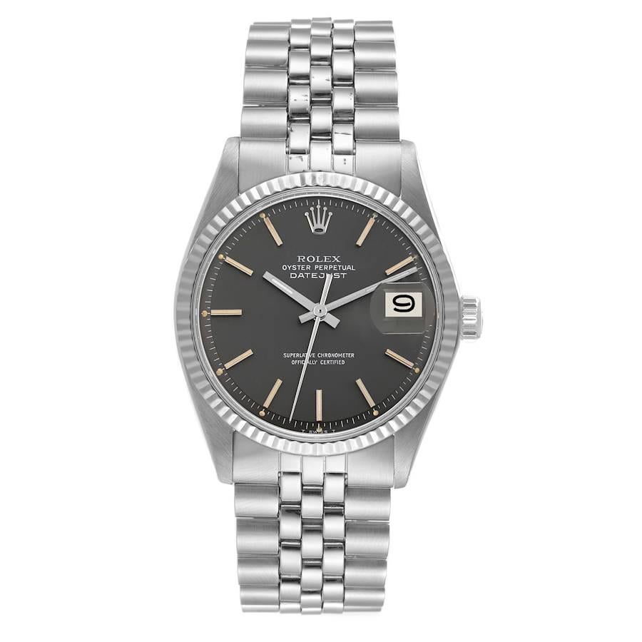 Rolex Datejust Steel White Gold Grey Dial Vintage Mens Watch 1601. Officially certified chronometer automatic self-winding movement. Stainless steel oyster case 36 mm in diameter. Rolex logo on the crown. 18k white gold fluted bezel. Acrylic crystal