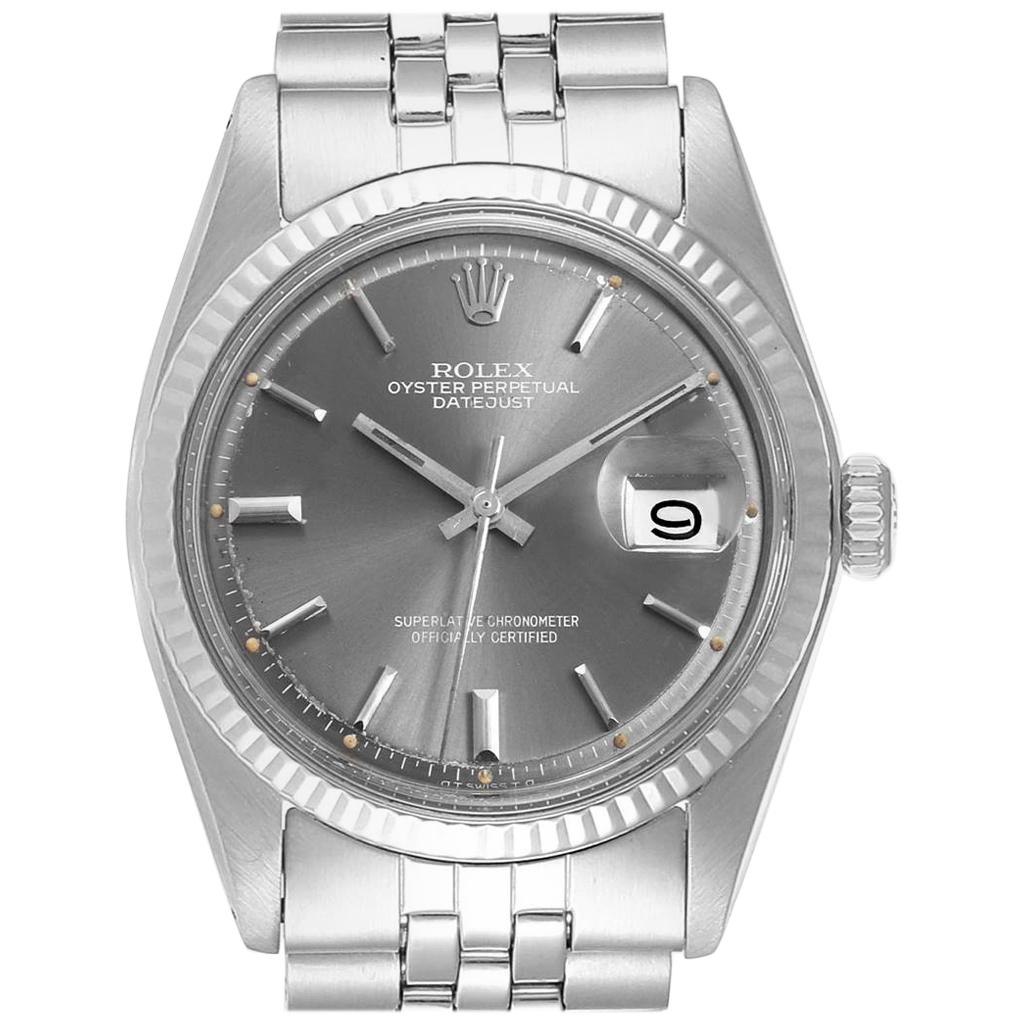 Rolex Datejust Steel White Gold Grey Dial Vintage Men's Watch 1601 For Sale