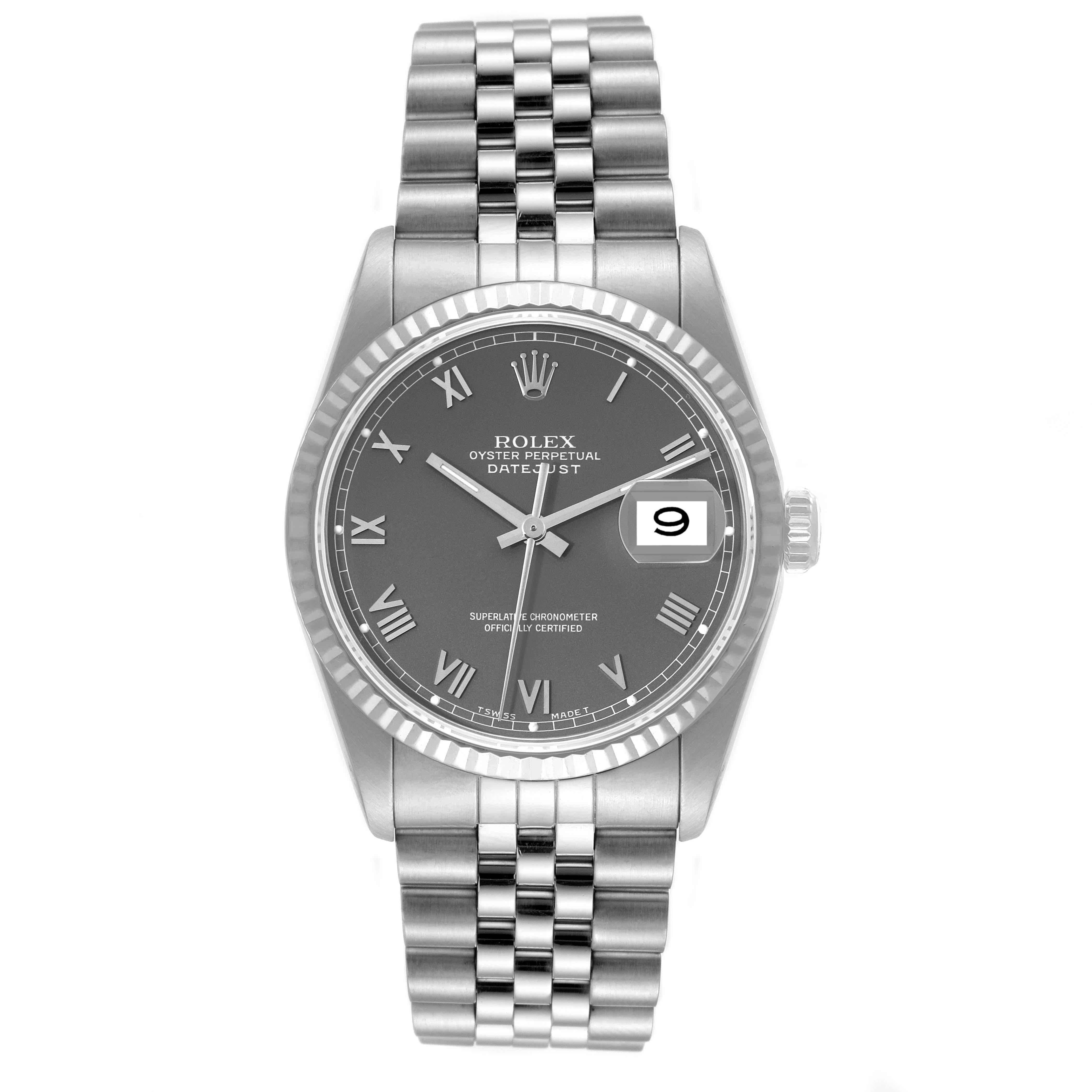 Rolex Datejust Steel White Gold Grey Roman Dial Mens Watch 16234. Officially certified chronometer automatic self-winding movement. Stainless steel oyster case 36 mm in diameter. Rolex logo on the crown. 18k white gold fluted bezel. Scratch