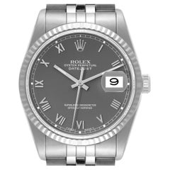 Rolex Datejust Steel White Gold Grey Roman Dial Mens Watch 16234