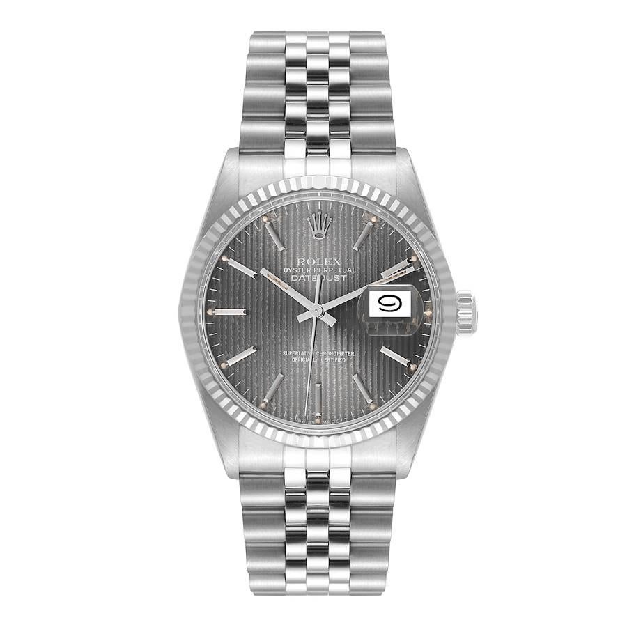 Rolex Datejust Steel White Gold Grey Tapestry Dial Vintage Mens Watch 16014 Box Papers. Officially certified chronometer automatic self-winding movement. Stainless steel oyster case 36 mm in diameter. Rolex logo on the crown. 18k white gold fluted