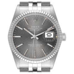 Rolex Datejust Steel White Gold Grey Tapestry Dial Vintage Mens Watch 16014