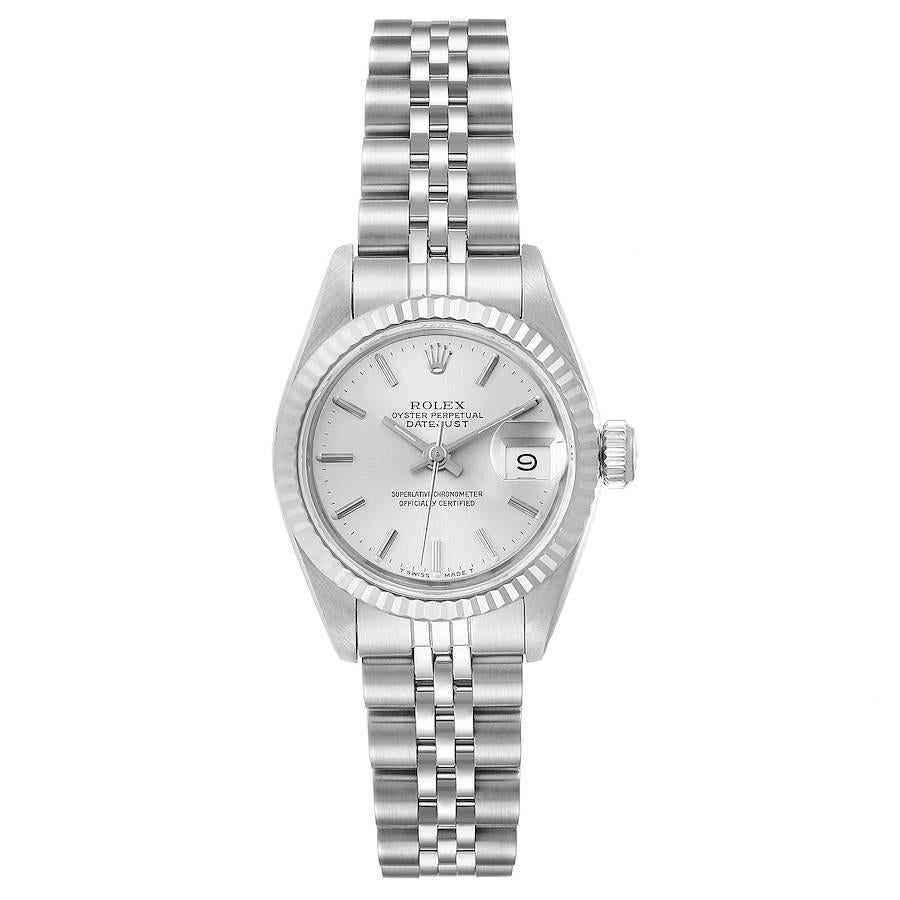 Rolex Datejust Steel White Gold Jubilee Bracelet Ladies Watch 69174 Box Papers. Officially certified chronometer self-winding movement. Stainless steel oyster case 26 mm in diameter. Rolex logo on a crown. 18k white gold fluted bezel. Scratch