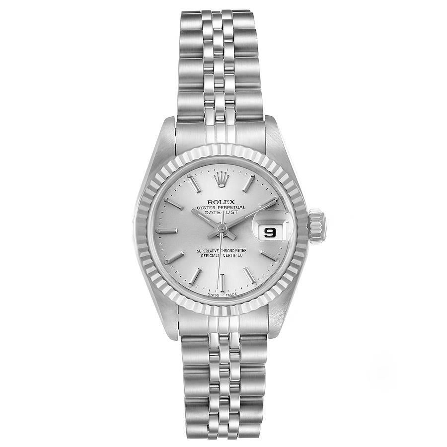 Rolex Datejust Steel White Gold Jubilee Bracelet Ladies Watch 69174. Officially certified chronometer self-winding movement. Stainless steel oyster case 26 mm in diameter. Rolex logo on a crown. 18k white gold fluted bezel. Scratch resistant