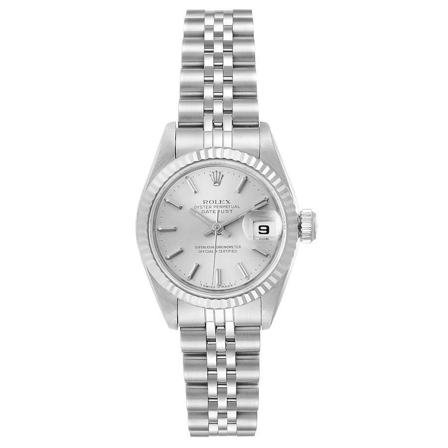 Rolex Datejust Steel White Gold Jubilee Bracelet Ladies Watch 69174. Officially certified chronometer self-winding movement. Stainless steel oyster case 26 mm in diameter. Rolex logo on a crown. 18k white gold fluted bezel. Scratch resistant