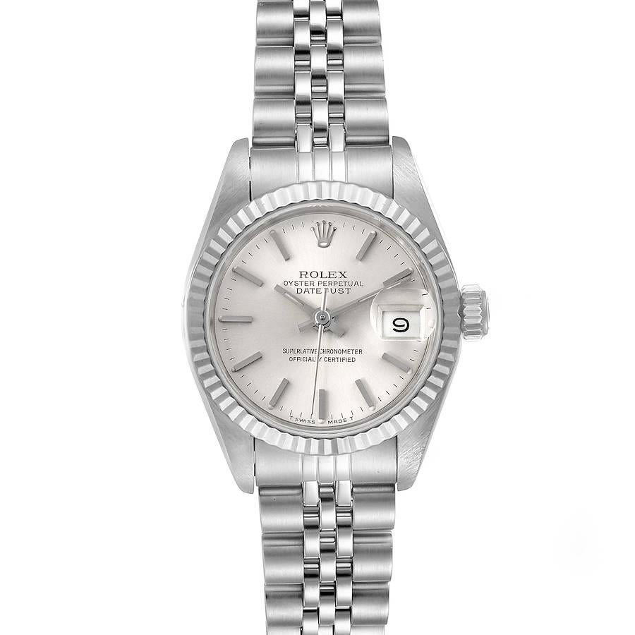 Rolex Datejust Steel White Gold Jubilee Bracelet Ladies Watch 69174 Papers. Officially certified chronometer self-winding movement. Stainless steel oyster case 26 mm in diameter. Rolex logo on a crown. 18k white gold fluted bezel. Scratch resistant