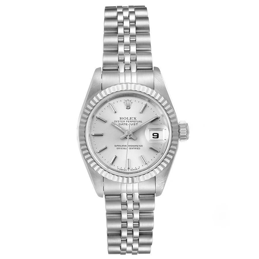 Rolex Datejust Steel White Gold Jubilee Bracelet Ladies Watch 69174 Papers. Officially certified chronometer self-winding movement. Stainless steel oyster case 26 mm in diameter. Rolex logo on a crown. 18k white gold fluted bezel. Scratch resistant