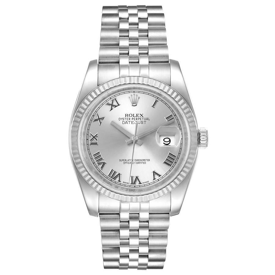 Rolex Datejust Steel White Gold Jubilee Bracelet Mens Watch 116234. Officially certified chronometer self-winding movement. Stainless steel case 36.0 mm in diameter.  Rolex logo on a crown. 18K white gold fluted bezel. Scratch resistant sapphire