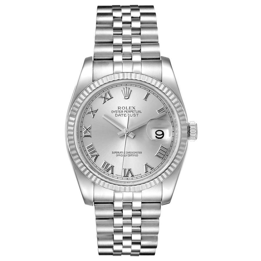 Rolex Datejust Steel White Gold Jubilee Bracelet Mens Watch 116234. Officially certified chronometer self-winding movement. Stainless steel case 36.0 mm in diameter. Rolex logo on a crown. 18K white gold fluted bezel. Scratch resistant sapphire