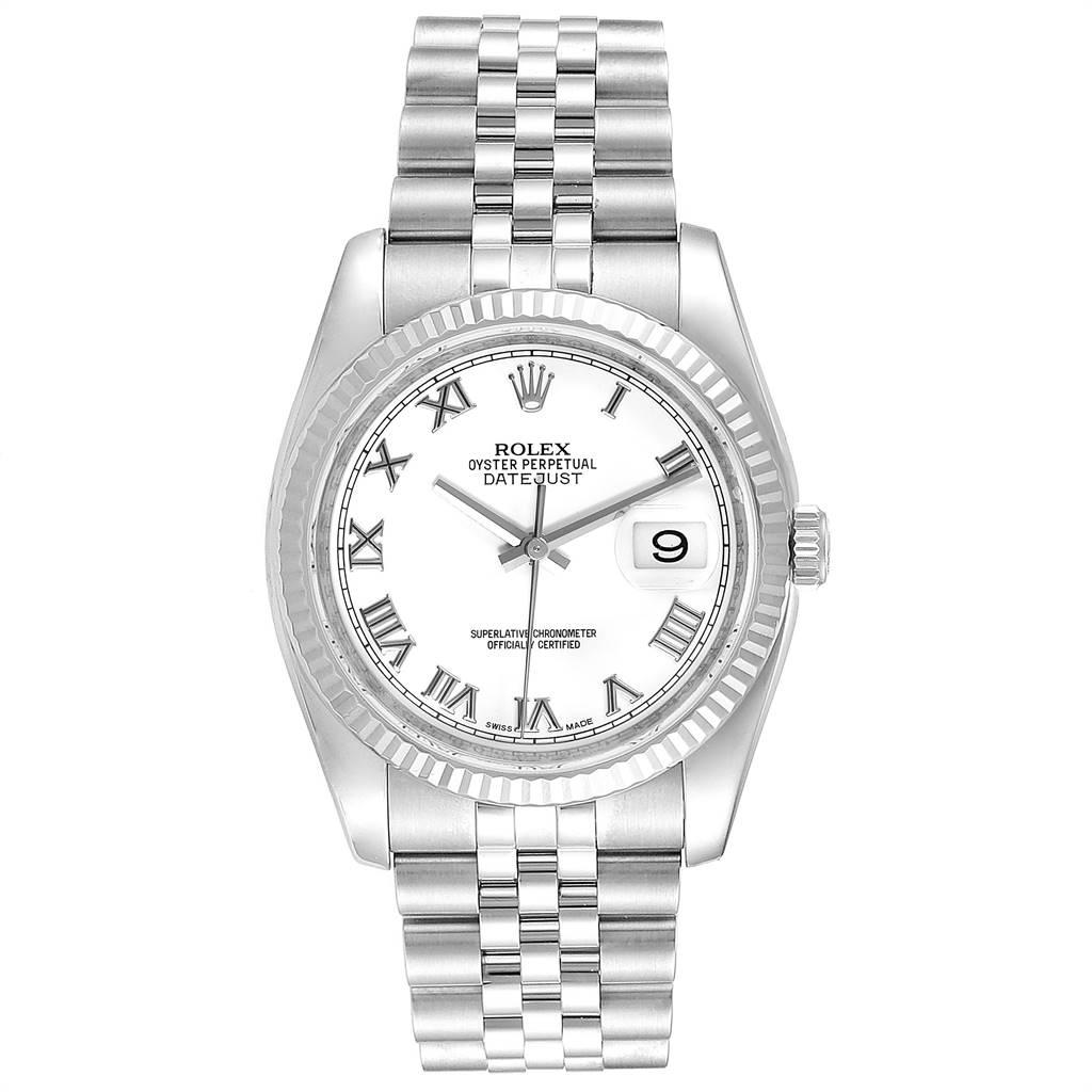 Rolex Datejust Steel White Gold Jubilee Bracelet Watch 116234. Officially certified chronometer self-winding movement. Stainless steel case 36.0 mm in diameter. Rolex logo on a crown. 18K white gold fluted bezel. Scratch resistant sapphire crystal