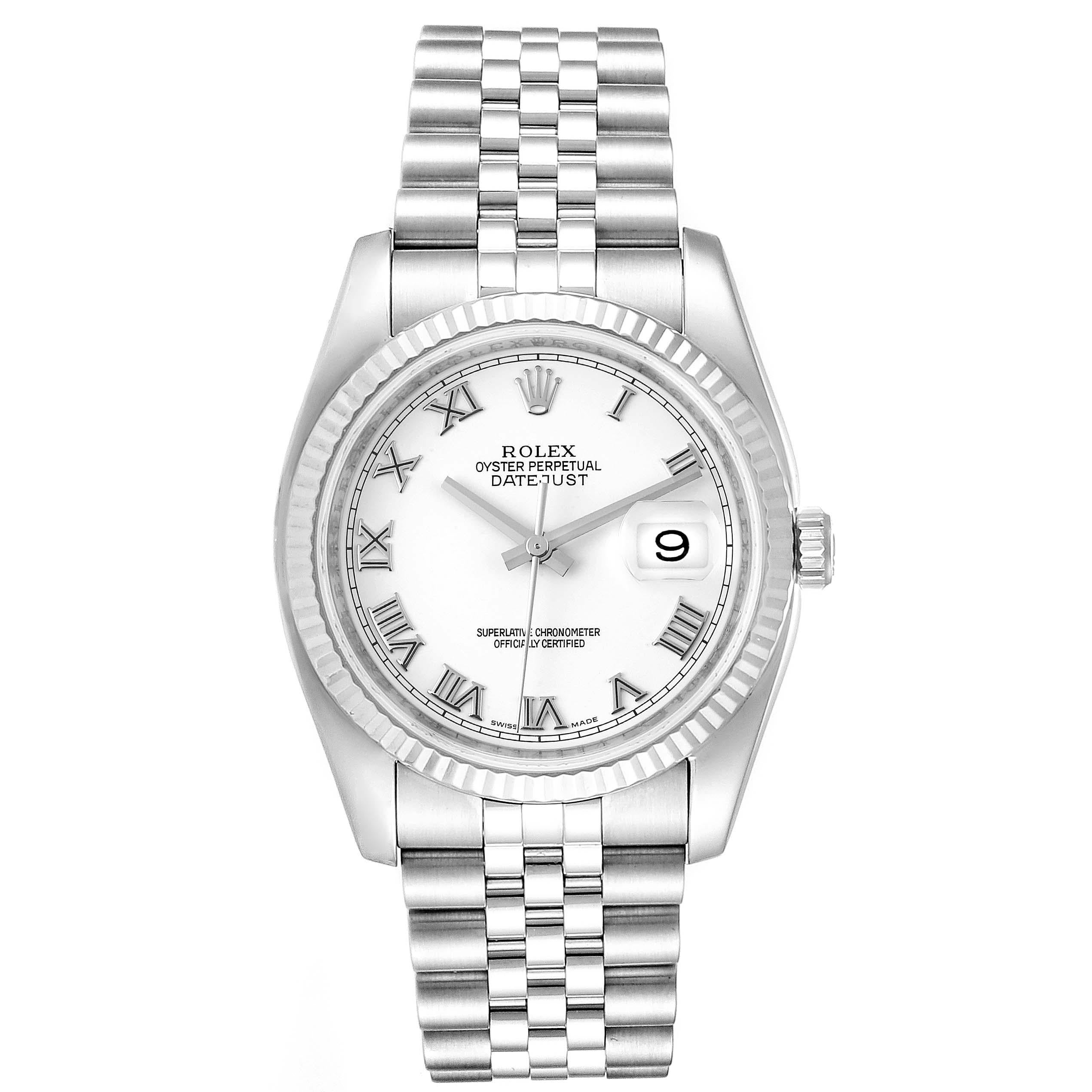Rolex Datejust Steel White Gold Jubilee Bracelet Watch 116234. Officially certified chronometer self-winding movement. Stainless steel case 36.0 mm in diameter. Rolex logo on a crown. 18K white gold fluted bezel. Scratch resistant sapphire crystal