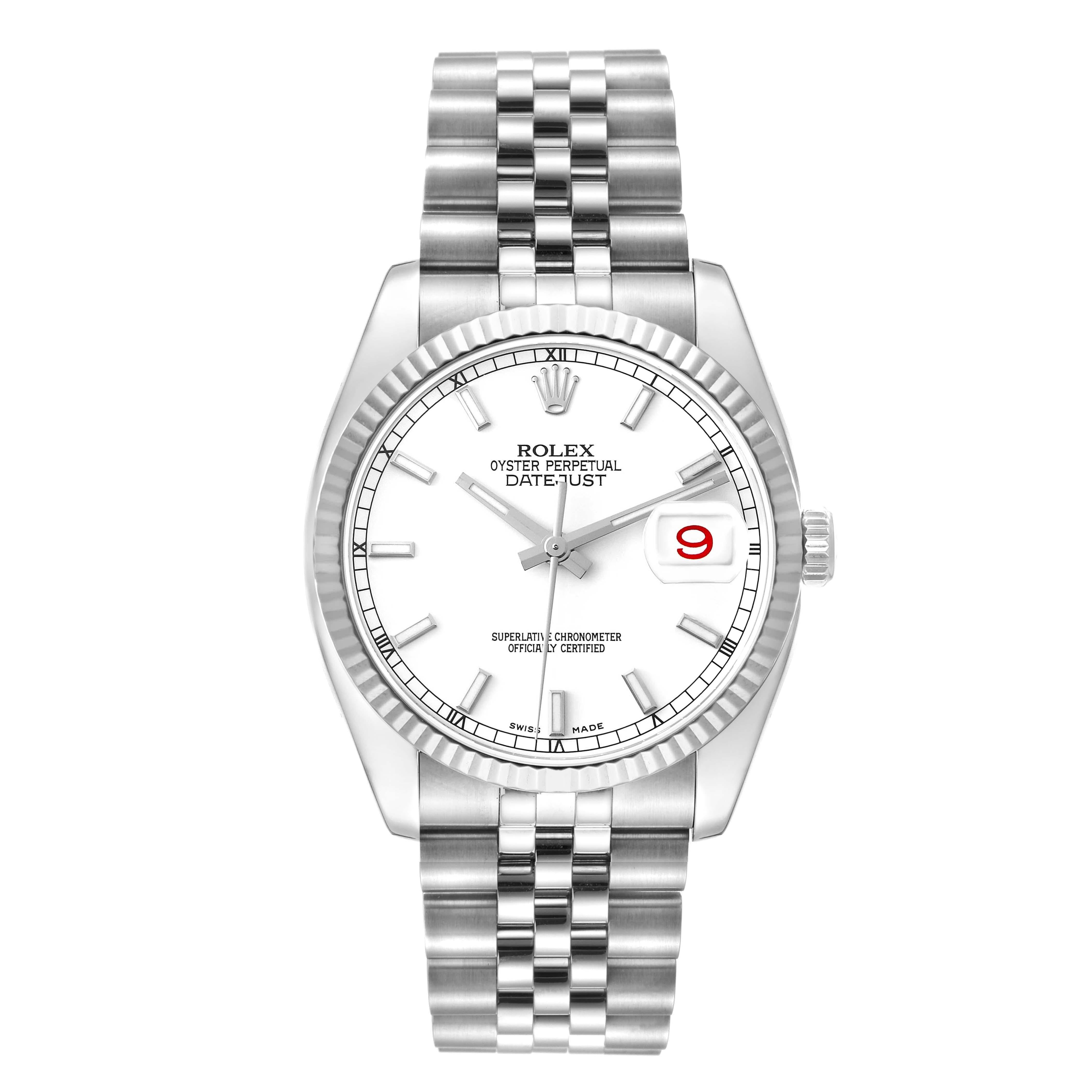 Rolex Datejust Steel White Gold Jubilee Bracelet Watch 116234. Officially certified chronometer self-winding movement with quickset date. Stainless steel case 36.0 mm in diameter. High polished lugs. Rolex logo on a crown. 18K white gold fluted