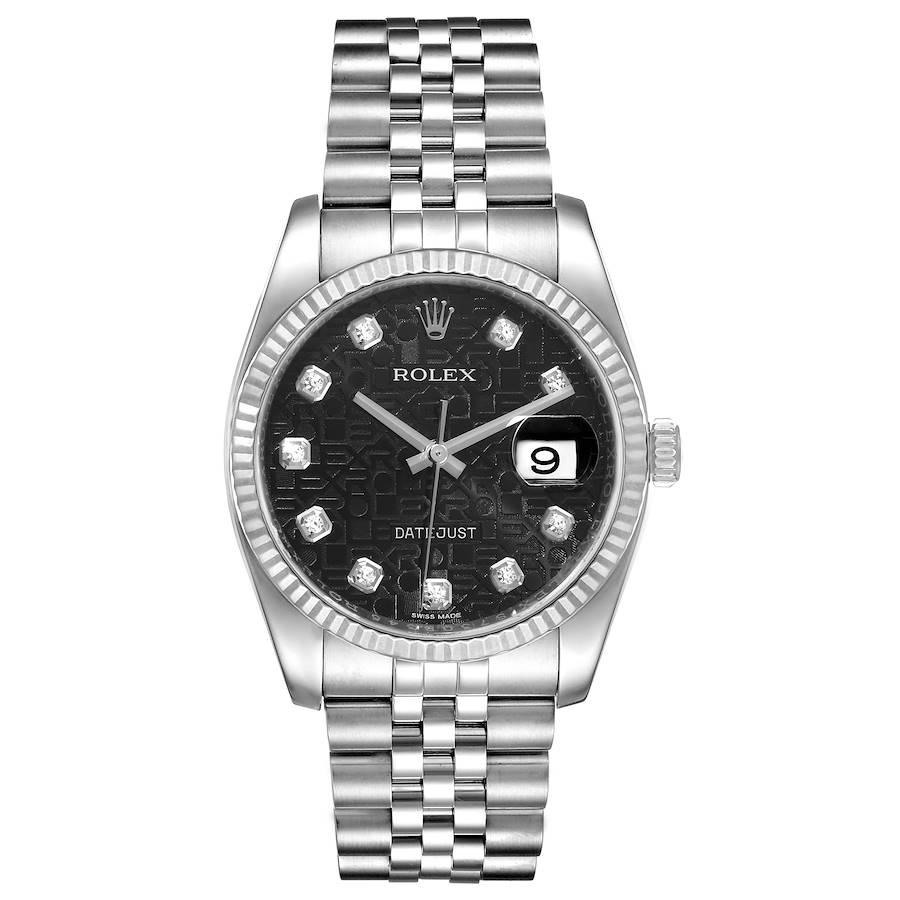Rolex Datejust Steel White Gold Jubilee Diamond Dial Mens Watch 116234. Officially certified chronometer self-winding movement. Stainless steel case 36.0 mm in diameter. Rolex logo on a crown. 18K white gold fluted bezel. Scratch resistant sapphire