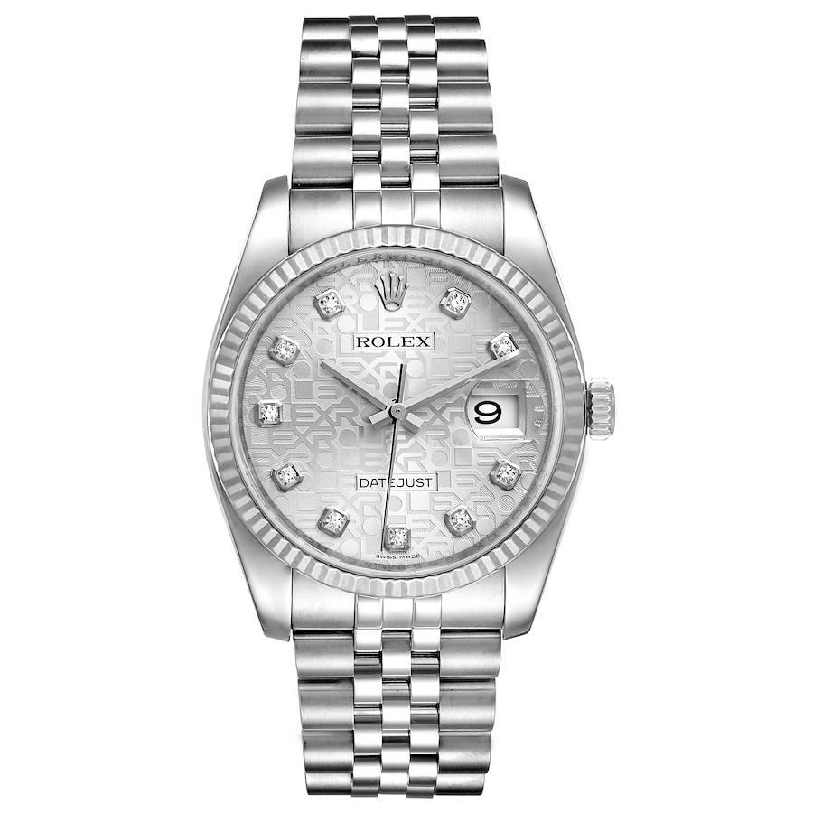 Rolex Datejust Steel White Gold Jubilee Diamond Dial Watch 116234 Box Card. Officially certified chronometer self-winding movement. Stainless steel case 36.0 mm in diameter. Rolex logo on a crown. 18K white gold fluted bezel. Scratch resistant