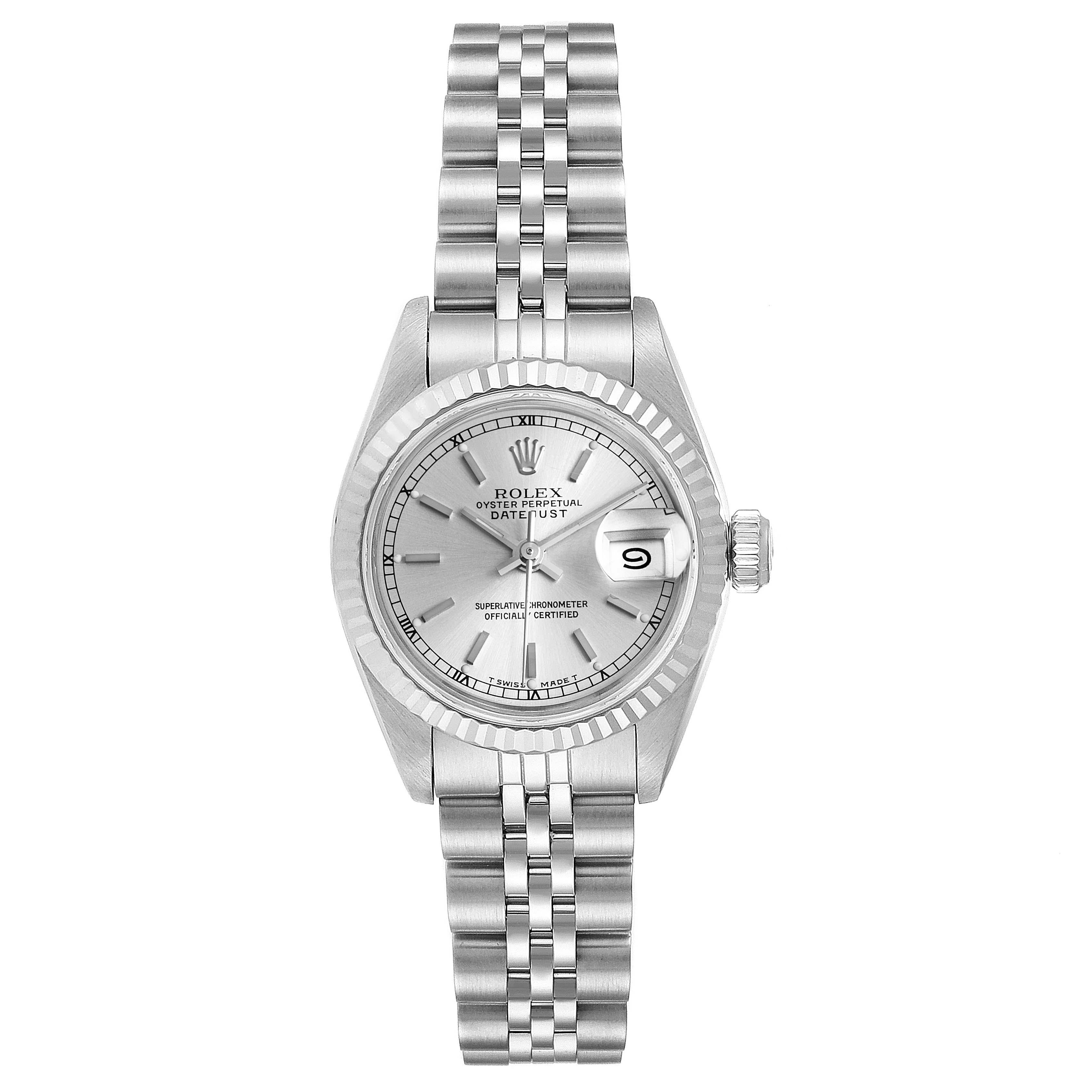 Rolex Datejust Steel White Gold Ladies Watch 69174 Box Papers. Officially certified chronometer self-winding movement. Stainless steel oyster case 26 mm in diameter. Rolex logo on a crown. 18k white gold fluted bezel. Scratch resistant sapphire