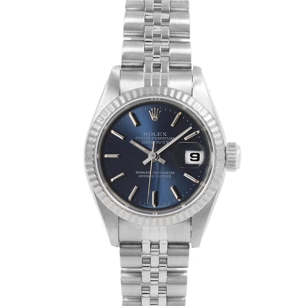 Rolex Datejust Steel White Gold Ladies Watch 69174 Box Papers. Officially certified chronometer self-winding movement. Stainless steel oyster case 26.0 mm in diameter. Rolex logo on a crown. 18k white gold fluted bezel. Scratch resistant sapphire