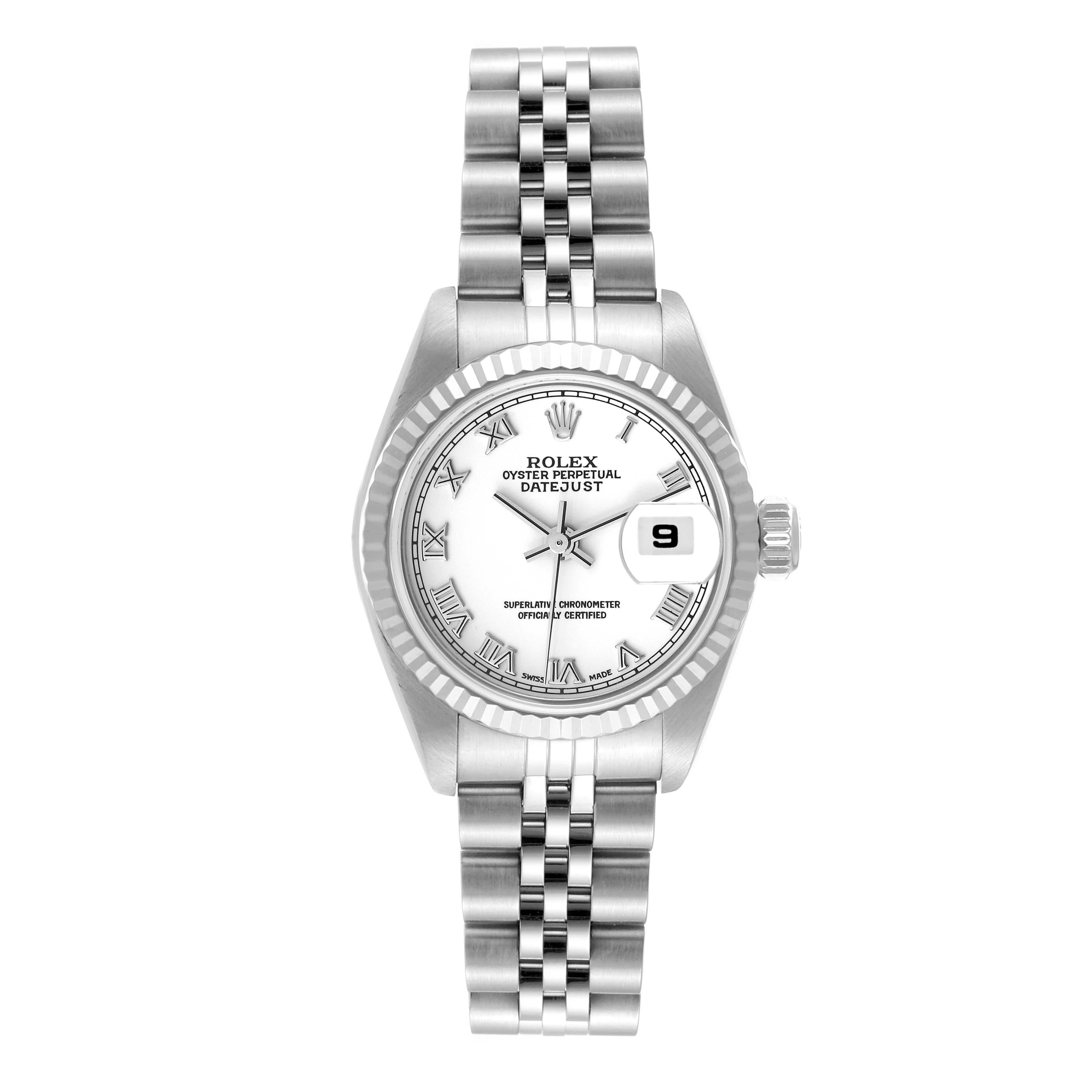 Rolex Datejust Steel White Gold Ladies Watch 79174 Papers. Officially certified chronometer automatic self-winding movement. Stainless steel oyster case 26.0 mm in diameter. Rolex logo on a crown. 18K white gold fluted bezel. Scratch resistant