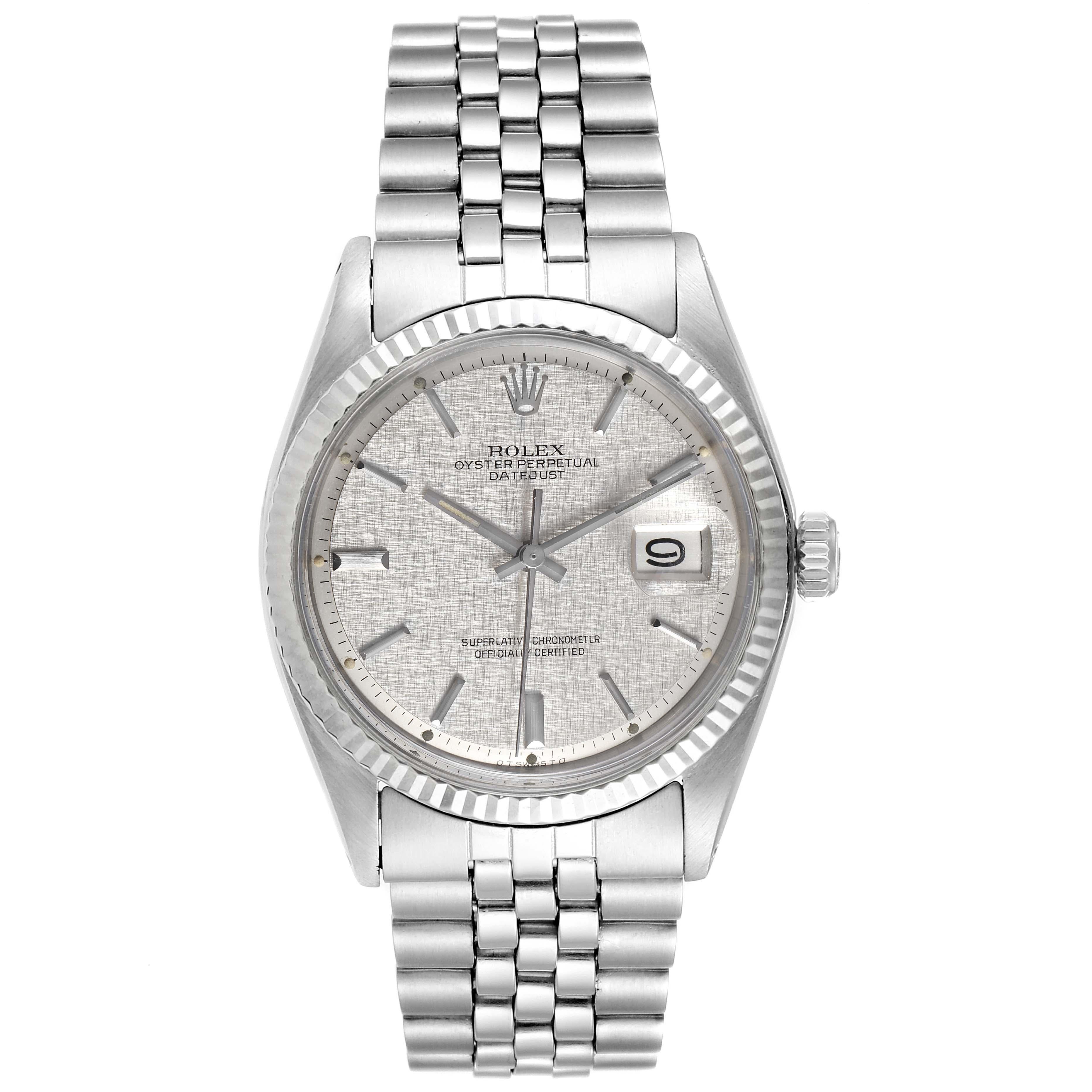 Rolex Datejust Steel White Gold Linen Dial Vintage Watch 1601 Box Papers. Officially certified chronometer self-winding movement. Stainless steel oyster case 36 mm in diameter. Rolex logo on a crown. 18k white gold fluted bezel. Acrylic crystal with