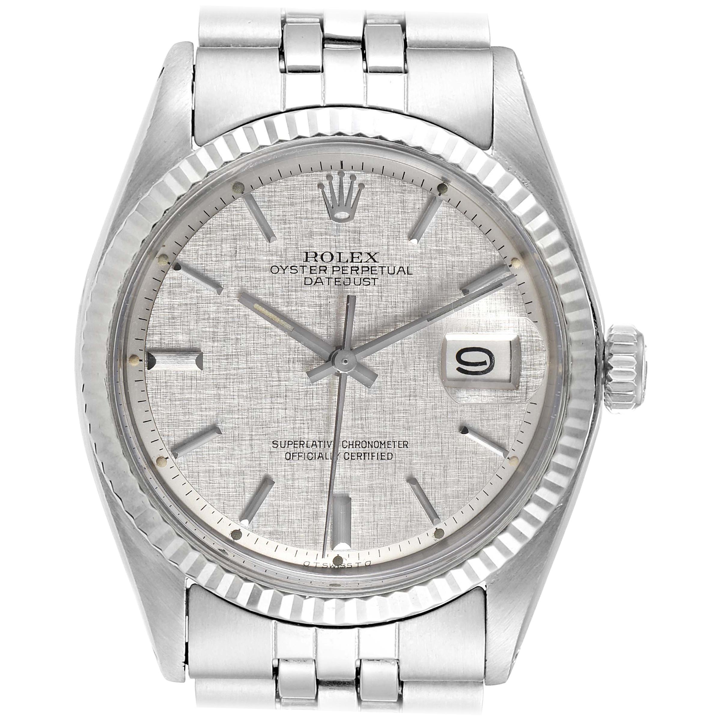 Rolex Datejust Steel White Gold Linen Dial Vintage Watch 1601 Box Papers For Sale