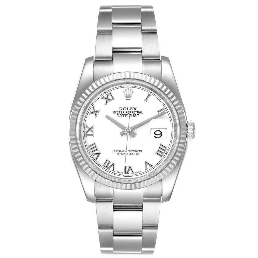 Rolex Datejust Steel White Gold Mens Watch 116234 Box Papers. Officially certified chronometer self-winding movement. Stainless steel case 36.0 mm in diameter. Rolex logo on a crown. 18K white gold fluted bezel. Scratch resistant sapphire crystal