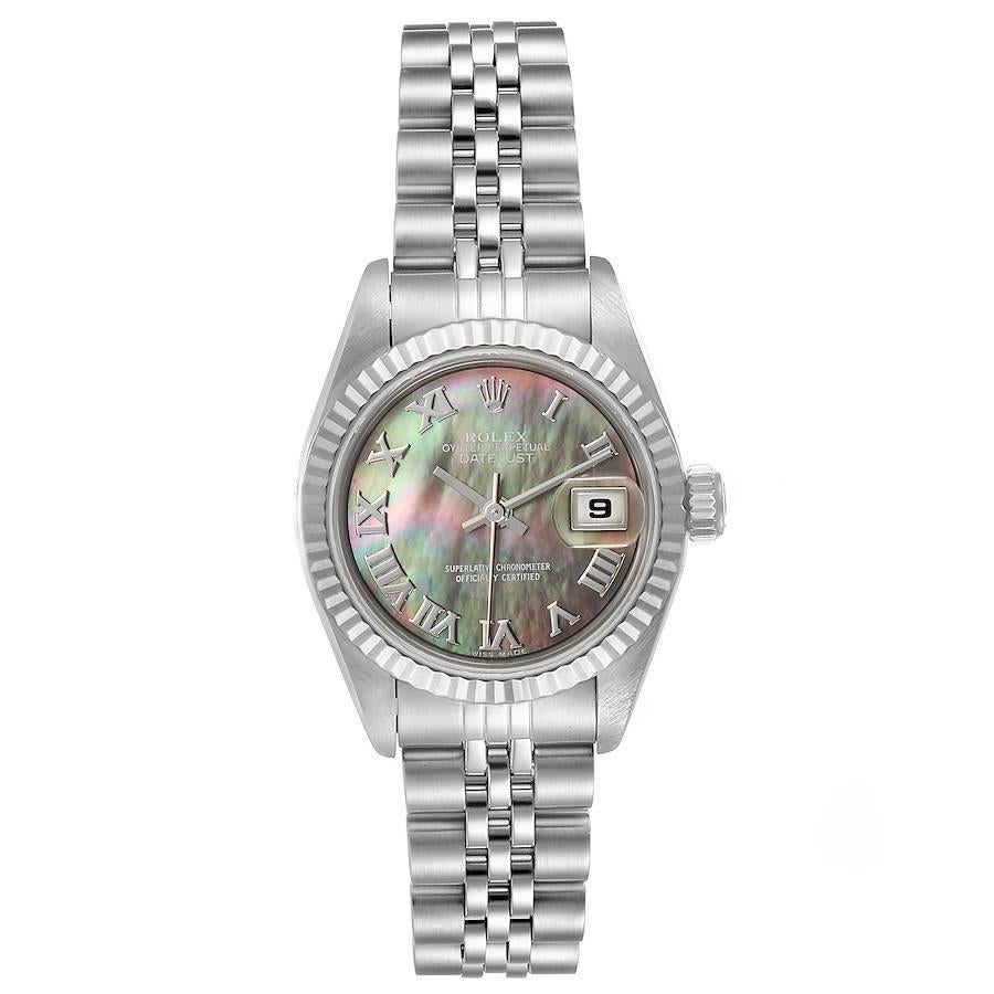 Rolex Datejust Steel White Gold MOP Dial Ladies Watch 69174 Papers. Officially certified chronometer self-winding movement. Stainless steel oyster case 26 mm in diameter. Rolex logo on a crown. 18k white gold fluted bezel. Scratch resistant sapphire