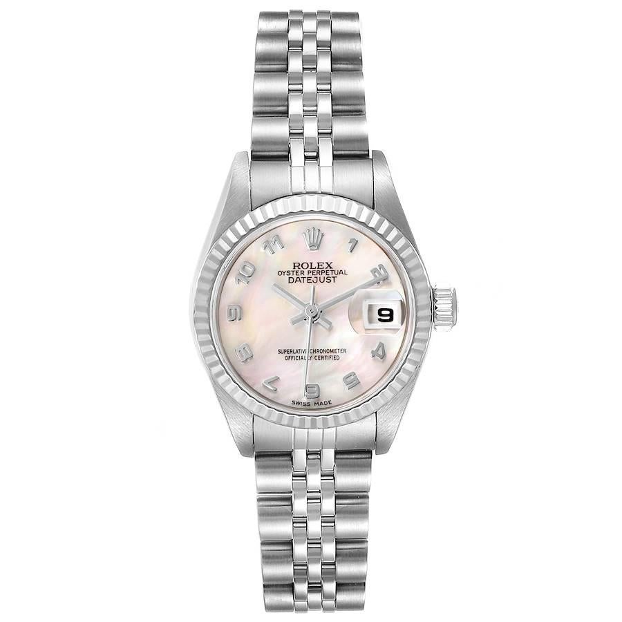 Rolex Datejust Steel White Gold MOP Dial Ladies Watch 79174 Box Papers. Officially certified chronometer self-winding movement. Stainless steel oyster case 26.0 mm in diameter. Rolex logo on a crown. 18k white gold fluted bezel. Scratch resistant