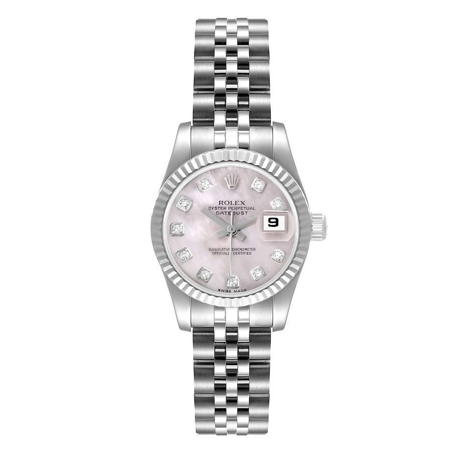 Rolex Datejust Steel White Gold MOP Diamond Dial Ladies Watch 179174 Box Papers. Officially certified chronometer self-winding movement. Stainless steel oyster case 26.0 mm in diameter. Rolex logo on a crown. 18K white gold fluted bezel. Scratch