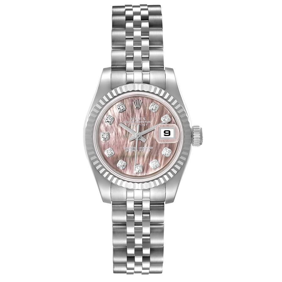 Rolex Datejust Steel White Gold MOP Diamond Dial Ladies Watch 179174. Officially certified chronometer self-winding movement. Stainless steel oyster case 26.0 mm in diameter. Rolex logo on a crown. 18K white gold fluted bezel. Scratch resistant