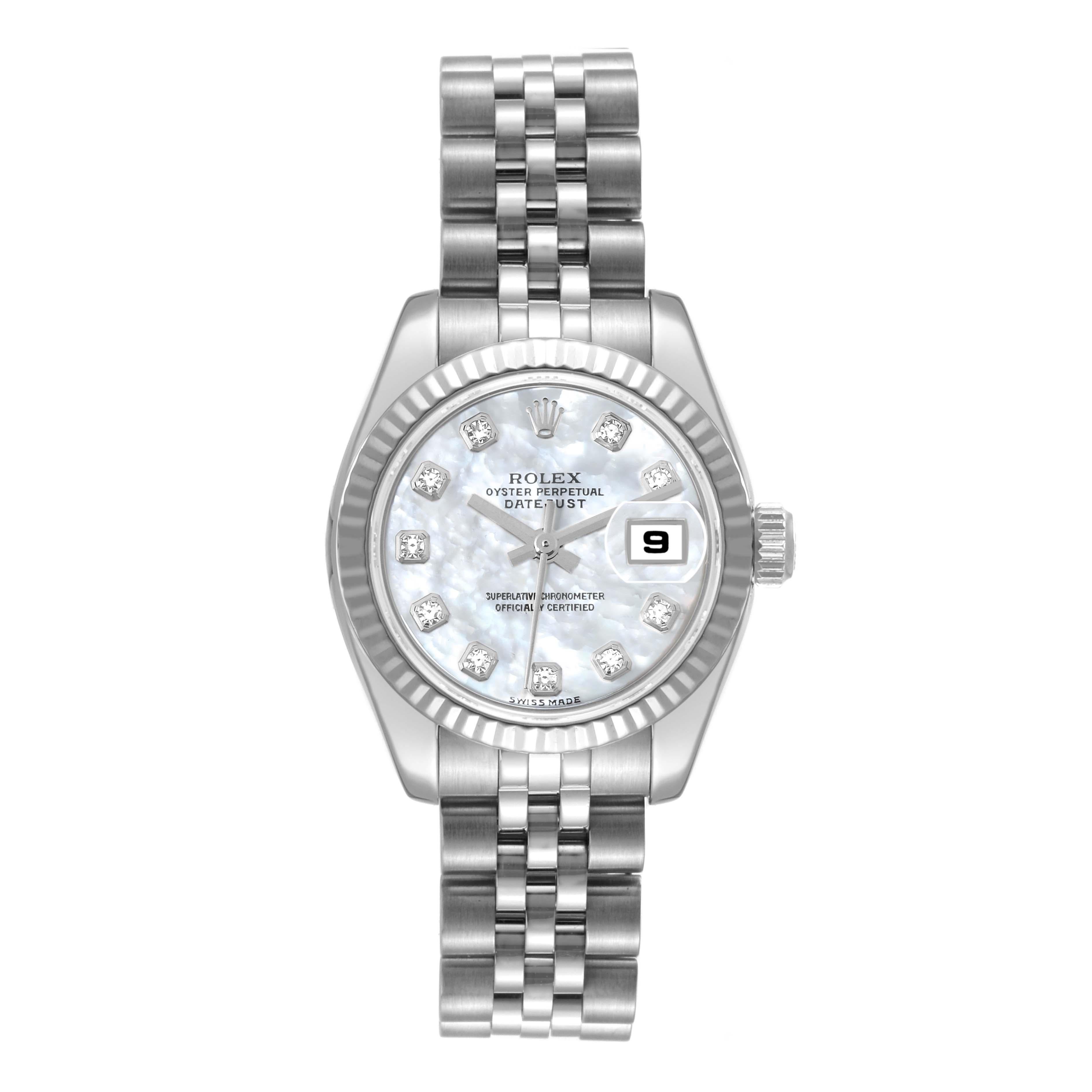 Rolex Datejust Steel White Gold MOP Diamond Dial Ladies Watch 179174. Officially certified chronometer automatic self-winding movement. Stainless steel oyster case 26.0 mm in diameter. Rolex logo on the crown. 18K white gold fluted bezel. Scratch