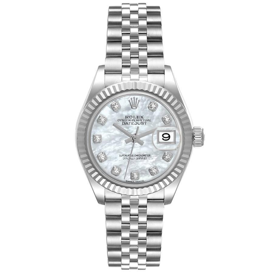 Rolex Datejust Stahl Weißgold MOP Diamond Dial Damenuhr 279174 Box Card. Offiziell zertifiziertes Chronometerwerk mit automatischem Aufzug. Austerngehäuse aus Edelstahl mit einem Durchmesser von 28.0 mm. Rolex Logo auf der Krone. Geriffelte Lünette