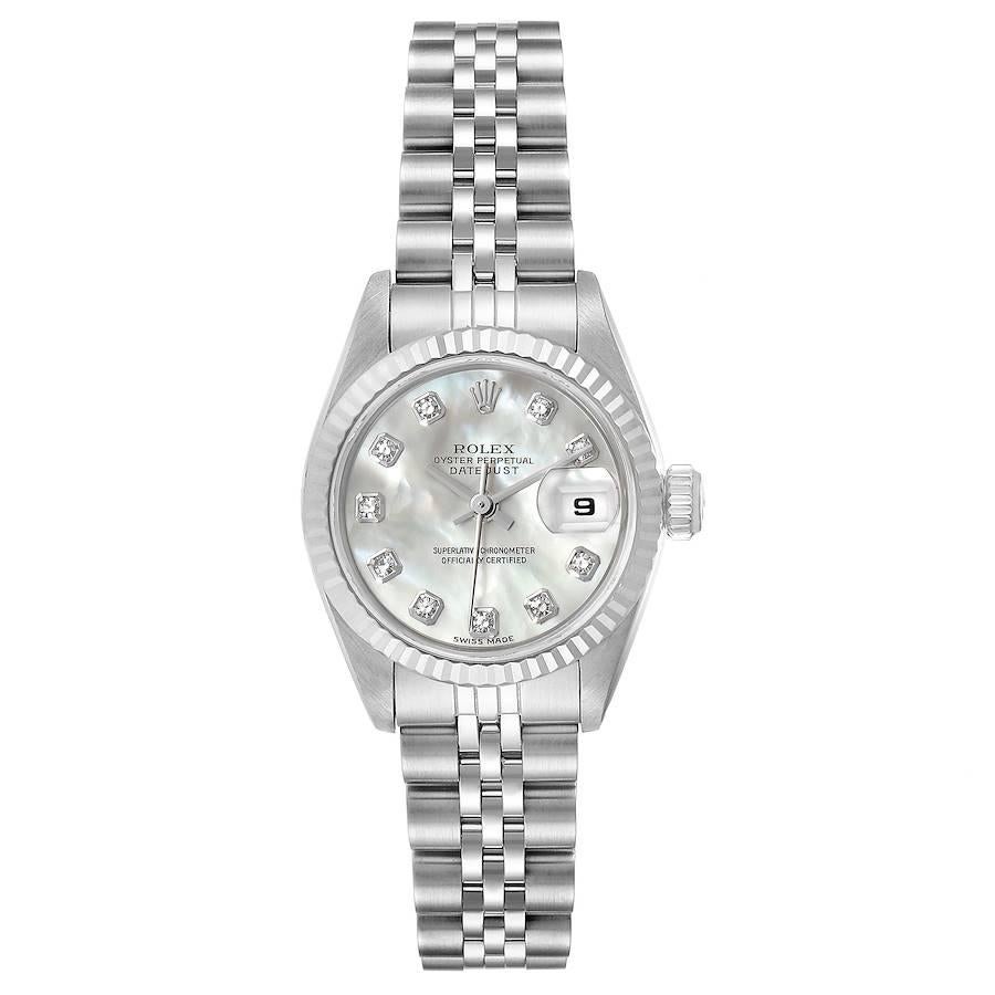 Rolex Datejust Steel White Gold MOP Diamond Dial Ladies Watch 69174 Box. Officially certified chronometer self-winding movement. Stainless steel oyster case 26.0 mm in diameter. Rolex logo on a crown. 18k white gold fluted bezel. Scratch resistant