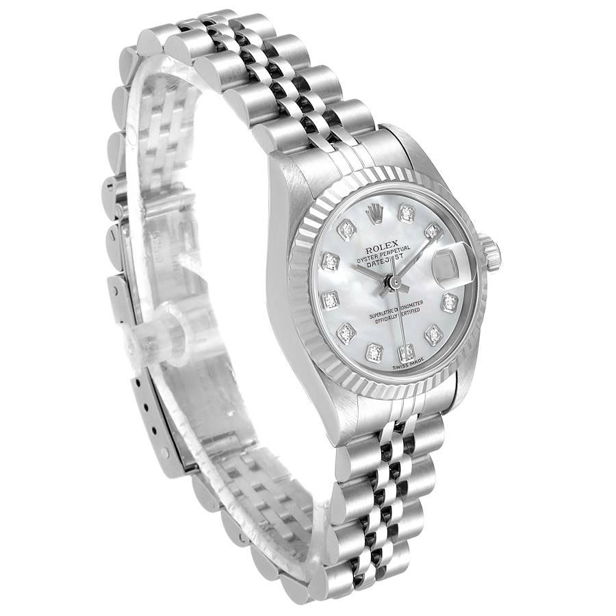 Rolex Datejust Steel White Gold MOP Diamond Dial Ladies Watch 69174 Box In Excellent Condition For Sale In Atlanta, GA